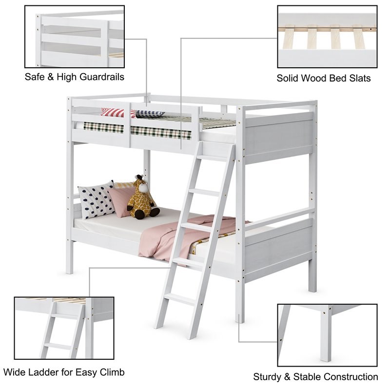 Costway Contemporary MDF and Wood Twin Over Twin Bunk Bed in White