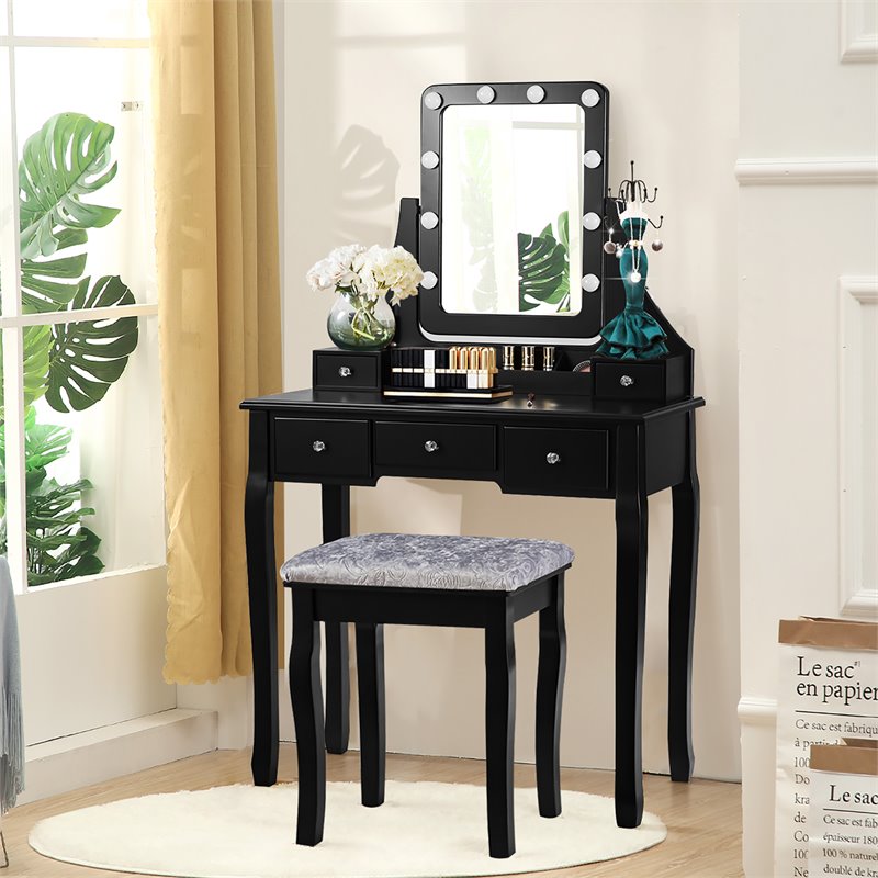 Costway Vanity Set with Dressing Table and Cushion Stool in Black