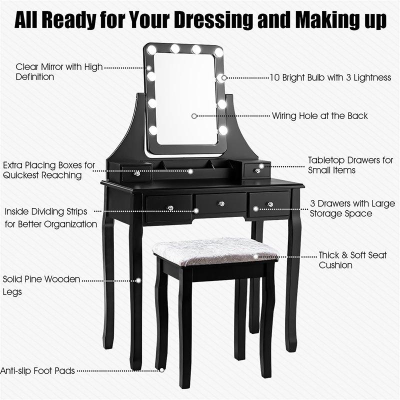 Costway Vanity Set with Dressing Table and Cushion Stool in Black