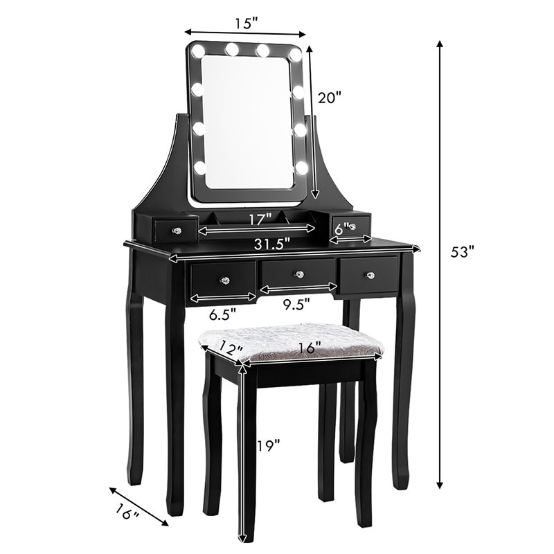 Costway Vanity Set with Dressing Table and Cushion Stool in Black