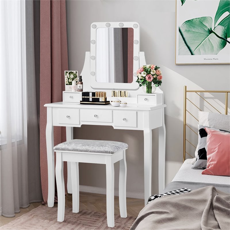 Costway Vanity Set with Dressing Table and Cushion Stool in White