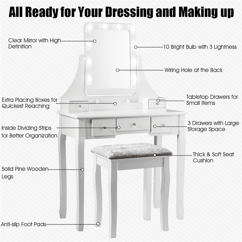 Costway Vanity Set with Dressing Table and Cushion Stool in White
