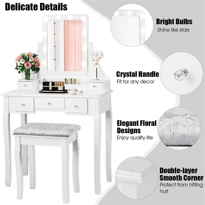 Costway Vanity Set with Dressing Table and Cushion Stool in White