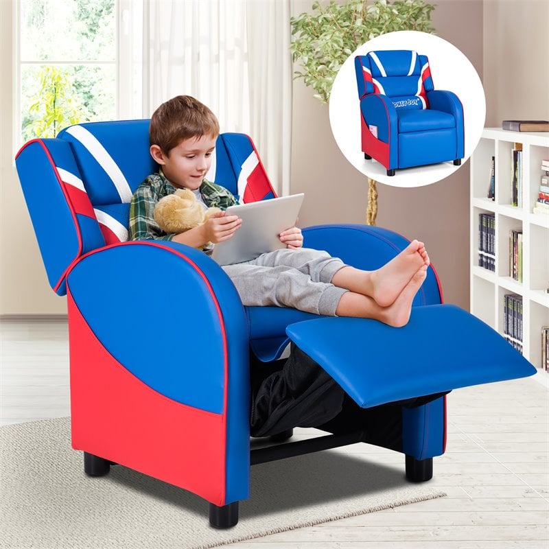Costway PU Leather Kids Gaming Sofa Recliner Armchair with Side Pockets in Blue