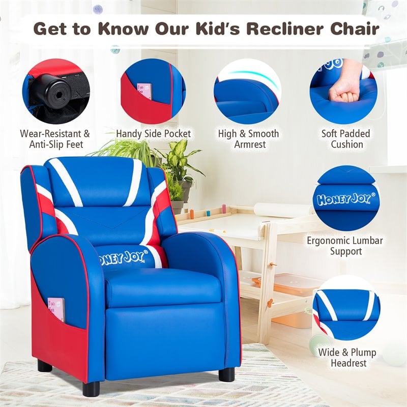 Costway PU Leather Kids Gaming Sofa Recliner Armchair with Side Pockets in Blue