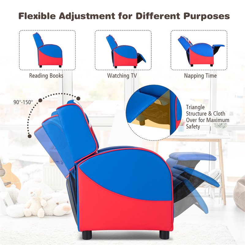 Costway PU Leather Kids Gaming Sofa Recliner Armchair with Side Pockets in Blue