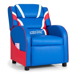 Costway PU Leather Kids Gaming Sofa Recliner Armchair with Side Pockets in Blue