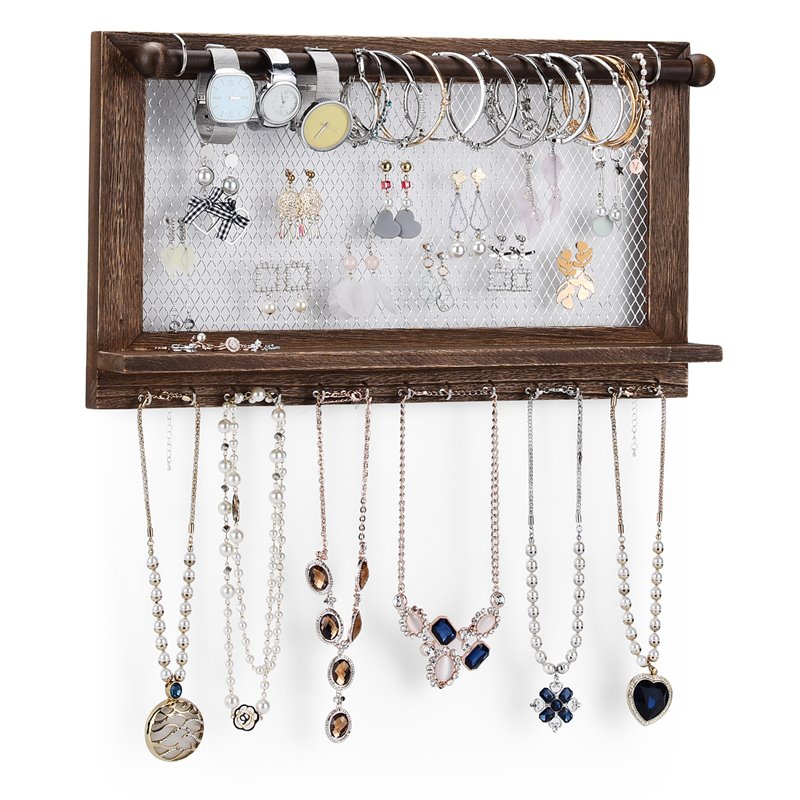 Costway Wall Mounted Organizer Vintage Wood Jewelry Holder Hanger Rack in Brown