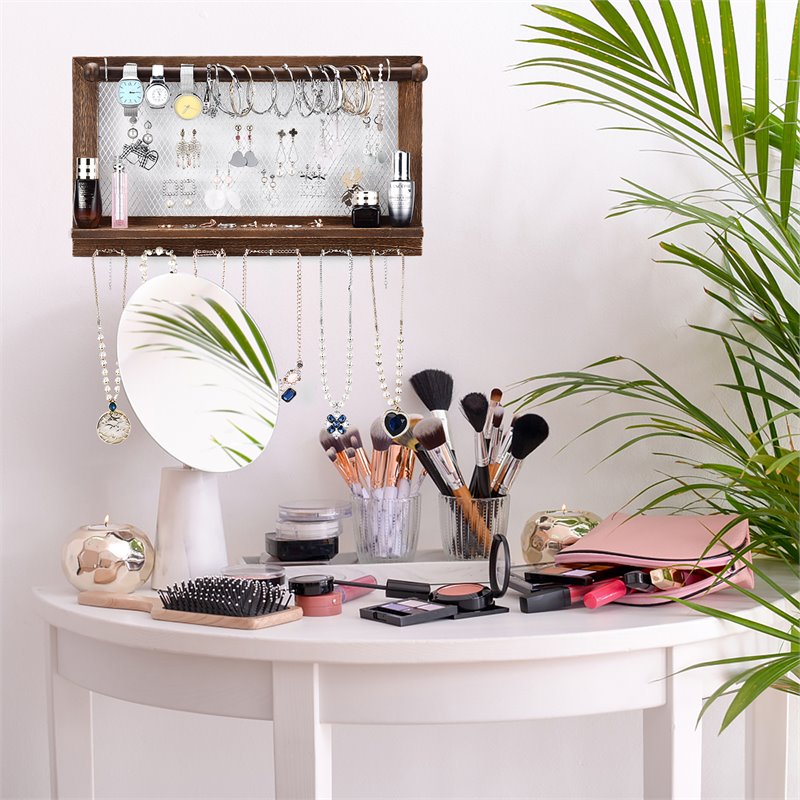 Costway Wall Mounted Organizer Vintage Wood Jewelry Holder Hanger Rack in Brown