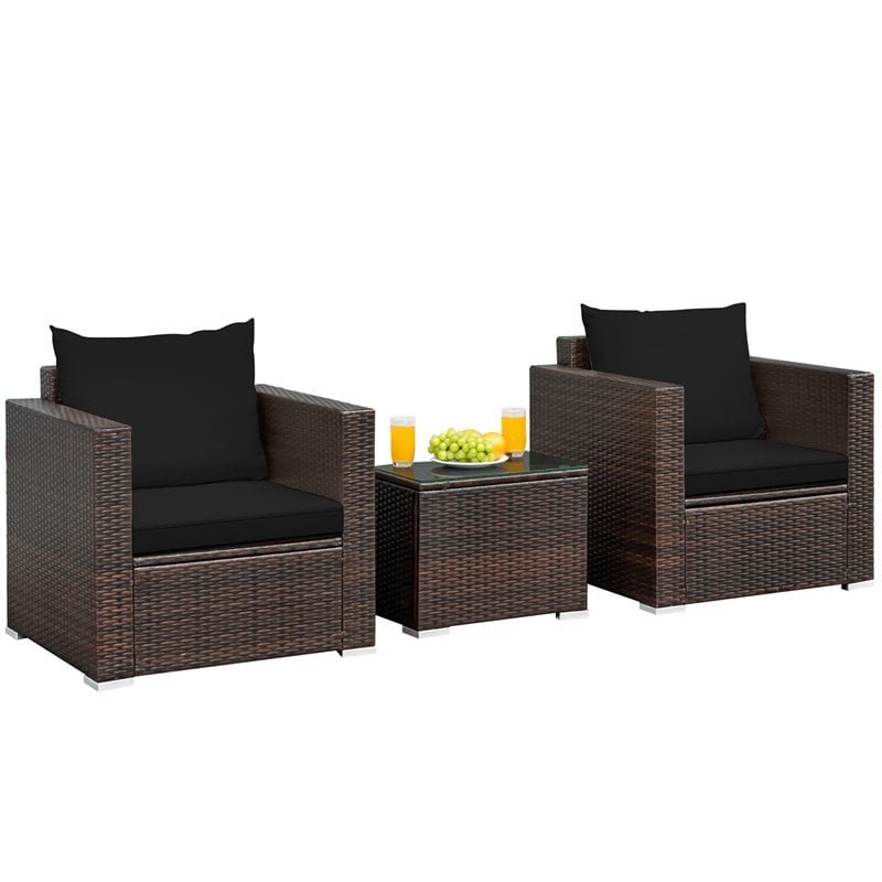 Costway 3-piece Contemporary Rattan Patio Furniture Set with Cushions in Black