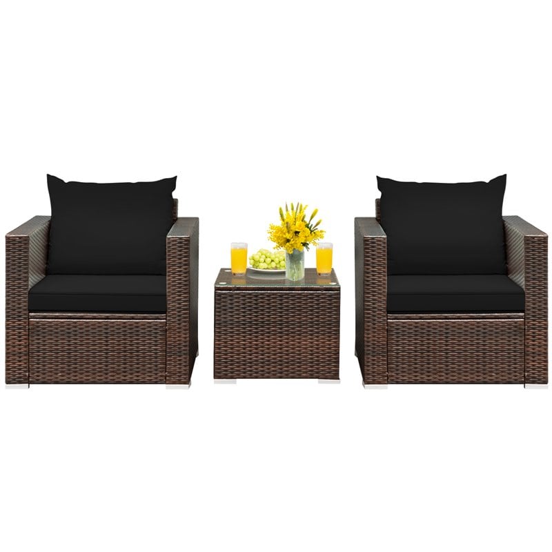 Costway 3-piece Contemporary Rattan Patio Furniture Set with Cushions in Black