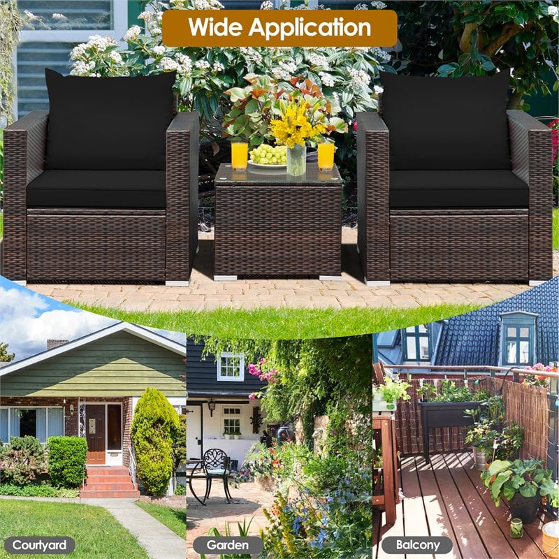 Costway 3-piece Contemporary Rattan Patio Furniture Set with Cushions in Black