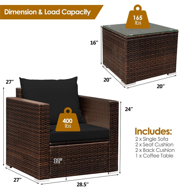 Costway 3-piece Contemporary Rattan Patio Furniture Set with Cushions in Black