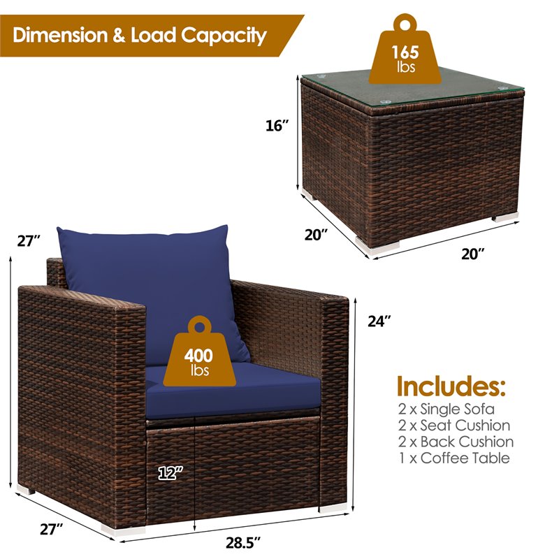 Costway 3-piece Contemporary Rattan Patio Furniture Set with Cushions in Navy