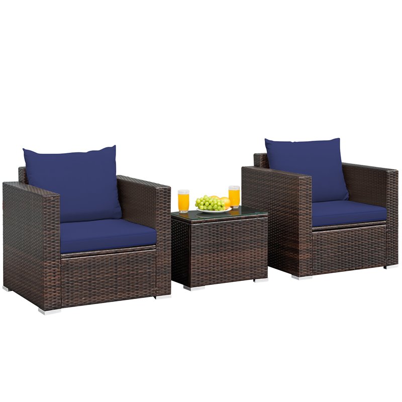 Costway 3-piece Contemporary Rattan Patio Furniture Set with Cushions in Navy