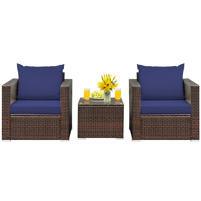 Costway 3-piece Contemporary Rattan Patio Furniture Set with Cushions in Navy