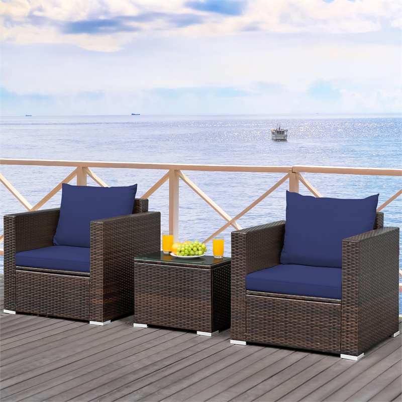 Costway 3-piece Contemporary Rattan Patio Furniture Set with Cushions in Navy