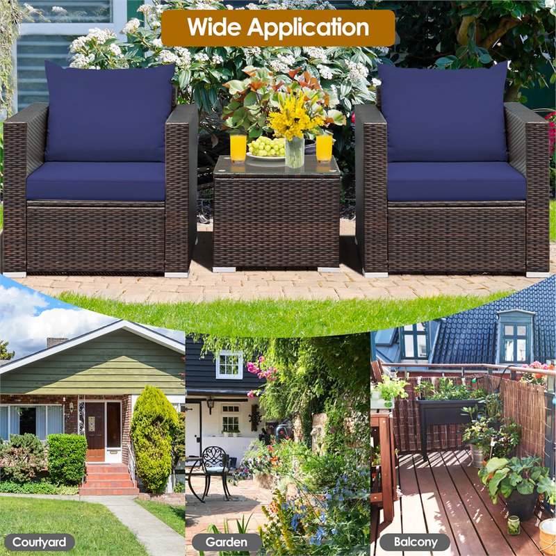 Costway 3-piece Contemporary Rattan Patio Furniture Set with Cushions in Navy