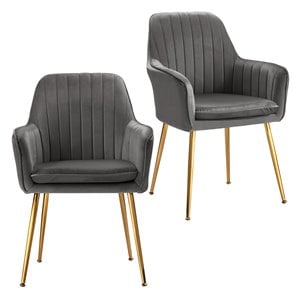 Costway Velvet Mid-Back Leisure Armchair with Gold Leg in Gray (Set of 2)