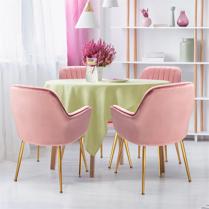 Costway Velvet Mid-Back Leisure Armchair with Gold Leg in Pink (Set of 2)