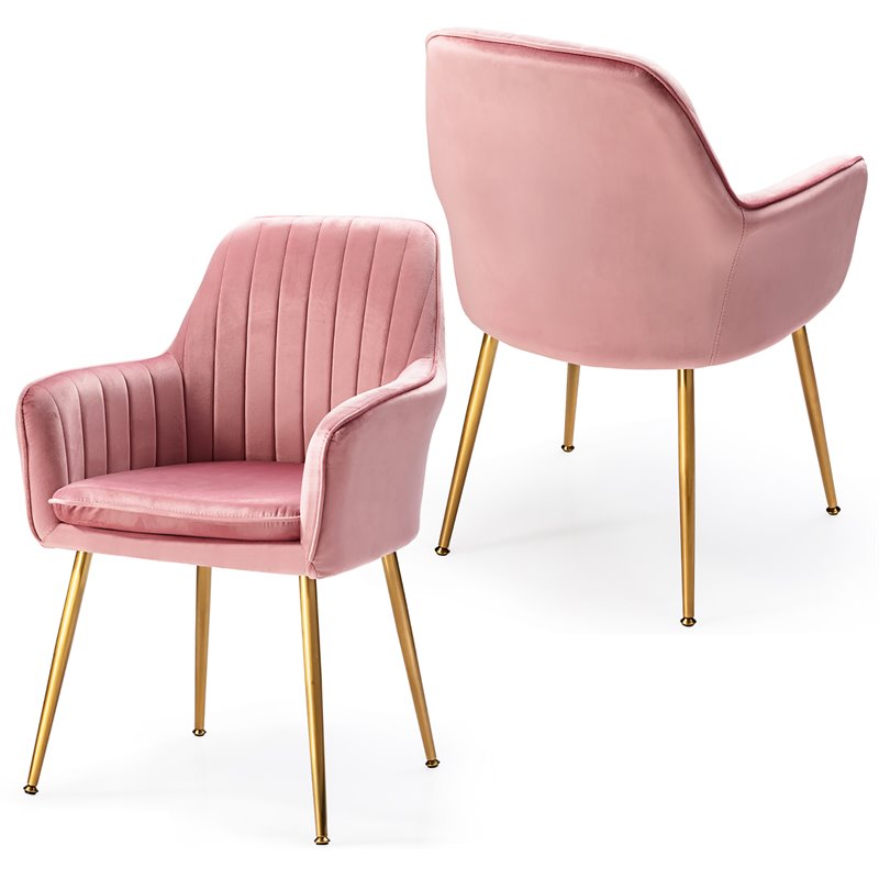 Costway Velvet Mid-Back Leisure Armchair with Gold Leg in Pink (Set of 2)