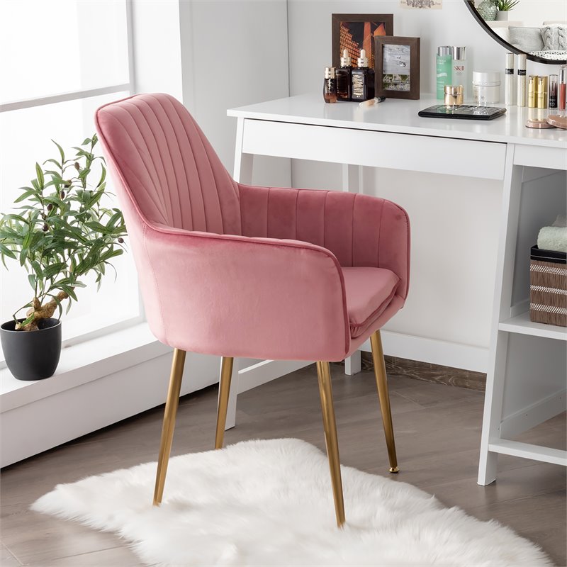 Costway Velvet Mid-Back Leisure Armchair with Gold Leg in Pink (Set of 2)