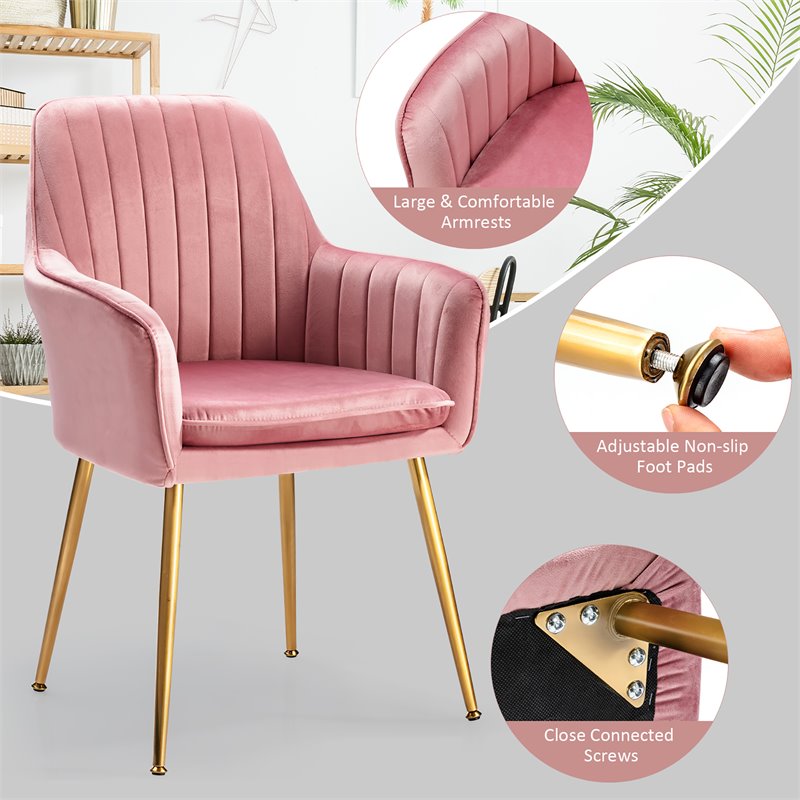 Costway Velvet Mid-Back Leisure Armchair with Gold Leg in Pink (Set of 2)