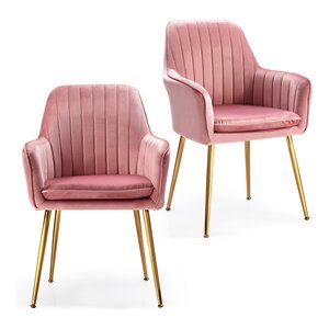 Costway Velvet Mid-Back Leisure Armchair with Gold Leg in Pink (Set of 2)
