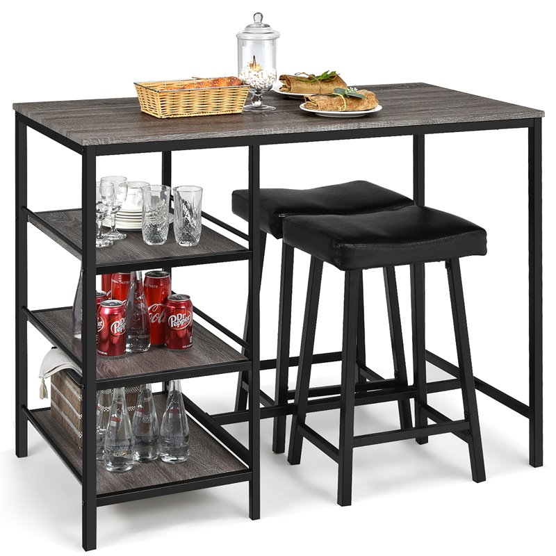 Costway 3-piece Counter Height Dining Bar Table Set with 2 Stools in Gray