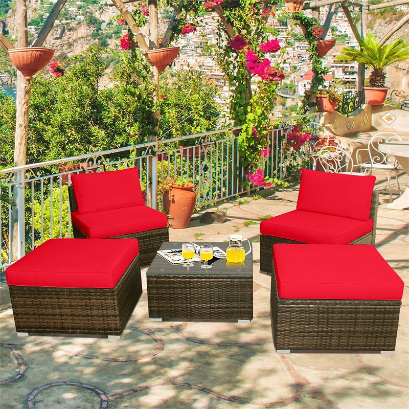 Costway 5-piece Contemporary Rattan Patio Wicker Furniture Set in Red