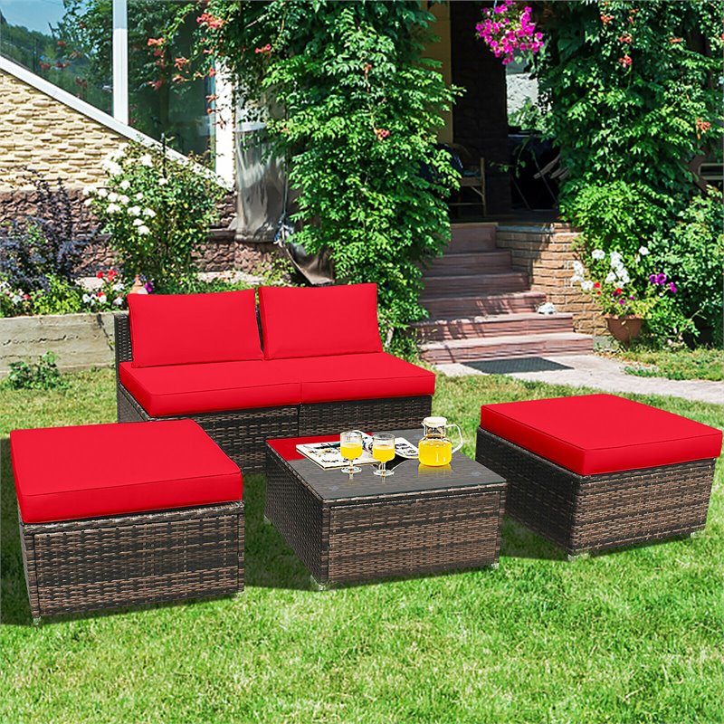 Costway 5-piece Contemporary Rattan Patio Wicker Furniture Set in Red