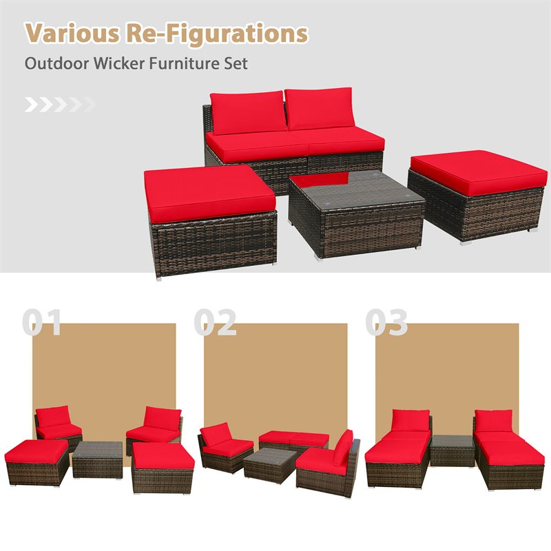 Costway 5-piece Contemporary Rattan Patio Wicker Furniture Set in Red