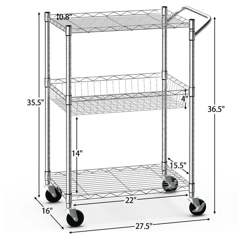 Costway 3-tier Steel and Rubber Utility Cart with Handle Bar Storage in Silver