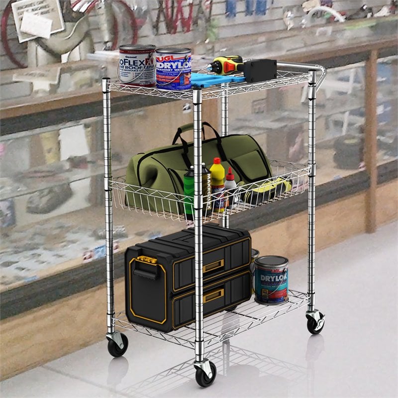 Costway 3-tier Steel and Rubber Utility Cart with Handle Bar Storage in Silver