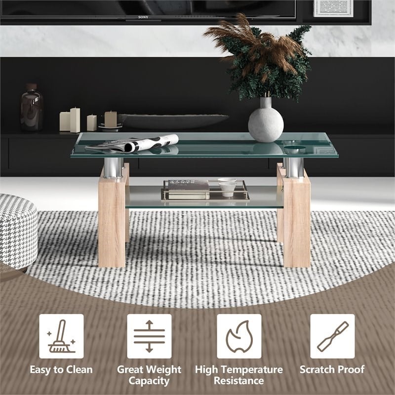 Costway Rectangle Glass Coffee Table with Metal Legs for Livingroom in Natural