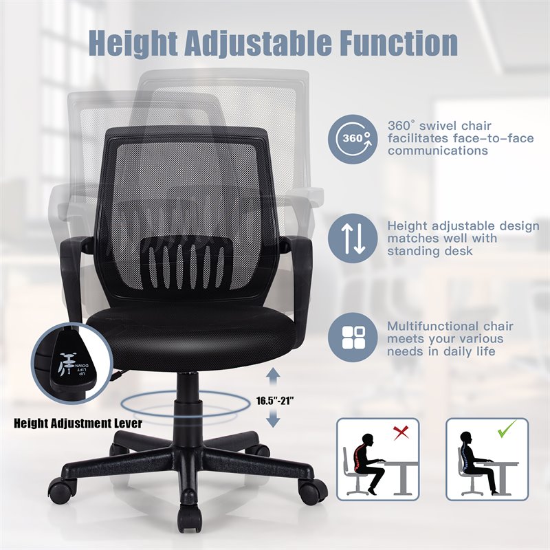 Costway Nylon Adjustable Mid-Back Mesh Office Chair with Lumbar Support in Black