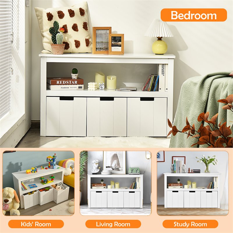 Costway 3-drawer Wood Kid Toy Storage Cabinet Chest with Wheels in White