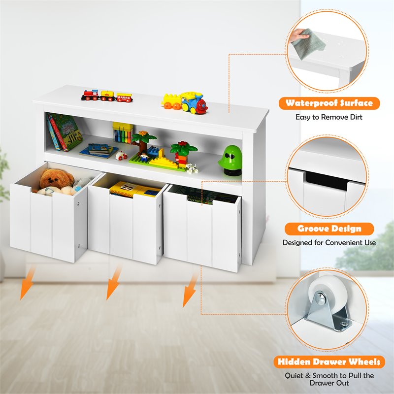 Costway 3-drawer Wood Kid Toy Storage Cabinet Chest with Wheels in White