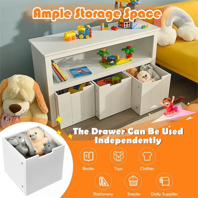 Costway 3-drawer Wood Kid Toy Storage Cabinet Chest with Wheels in White