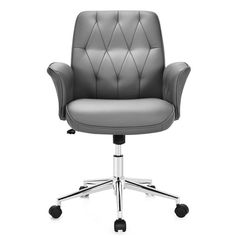 Costway PU Leather Adjustable Swivel Office Leisure Chair with Armrest in Gray