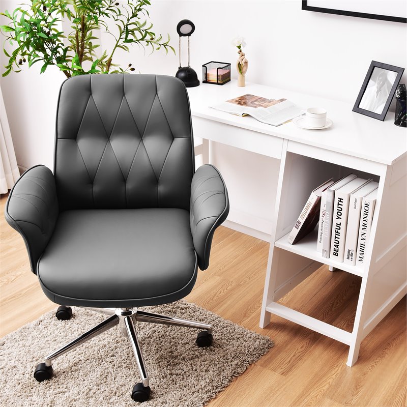 Costway PU Leather Adjustable Swivel Office Leisure Chair with Armrest in Gray