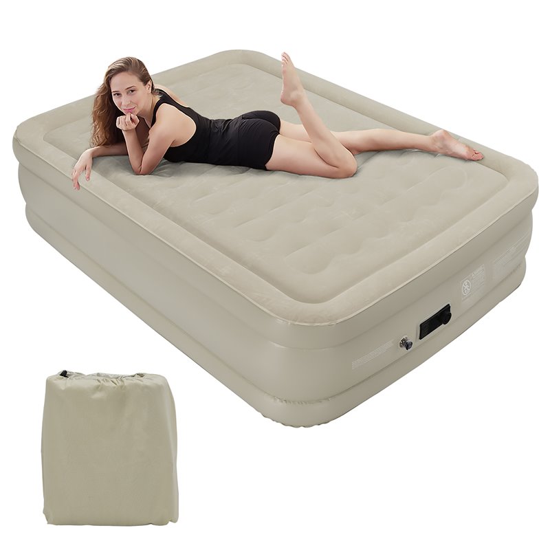 Costway Queen Air Bed Built-In Pump Portable Bag Camping in Beige