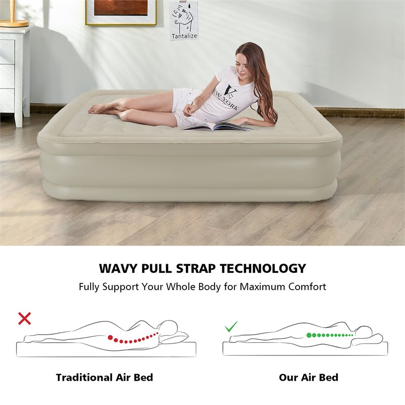 Costway Queen Air Bed Built-In Pump Portable Bag Camping in Beige