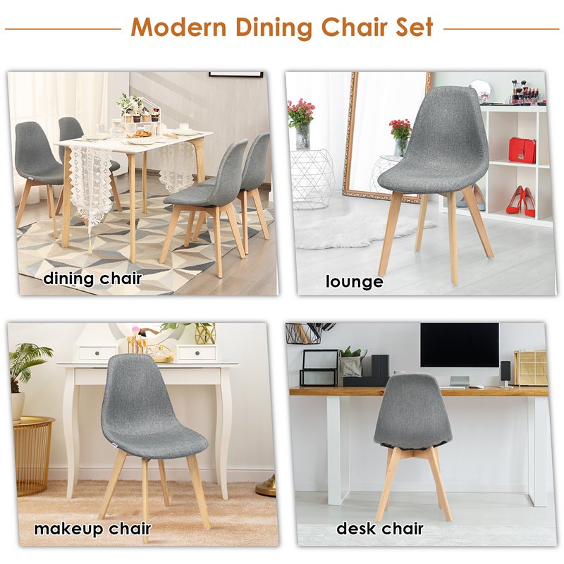 Costway Contemporary Fabric Dining Chair with Wood Leg in Gray (Set of 4)