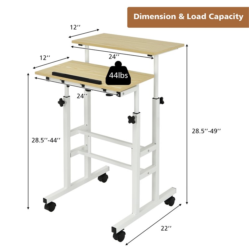 Costway MDF and Steel Adjustable Rolling Mobile Standing Desk in Natural