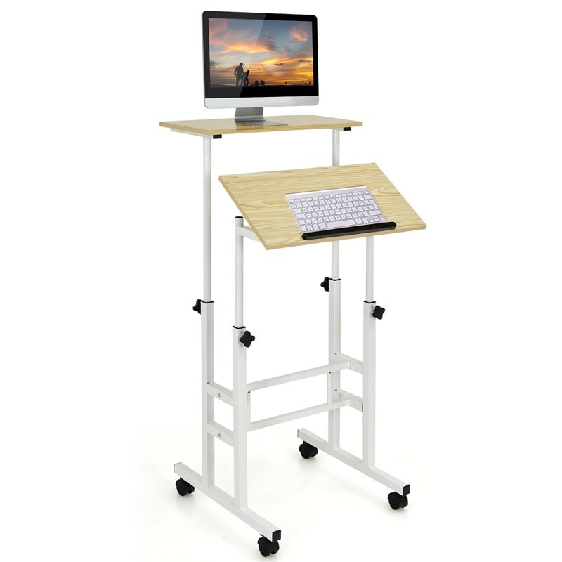 Costway MDF and Steel Adjustable Rolling Mobile Standing Desk in Natural