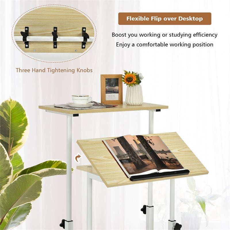 Costway MDF and Steel Adjustable Rolling Mobile Standing Desk in Natural
