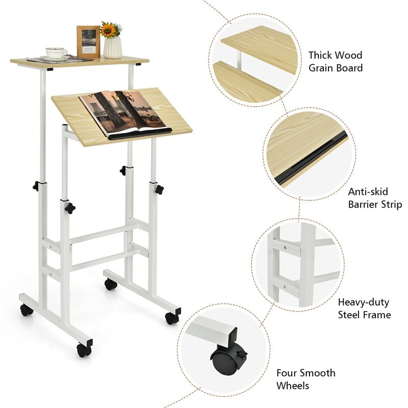 Costway MDF and Steel Adjustable Rolling Mobile Standing Desk in Natural