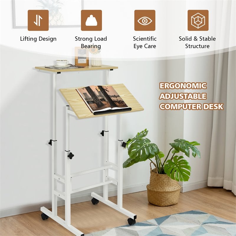 Costway MDF and Steel Adjustable Rolling Mobile Standing Desk in Natural