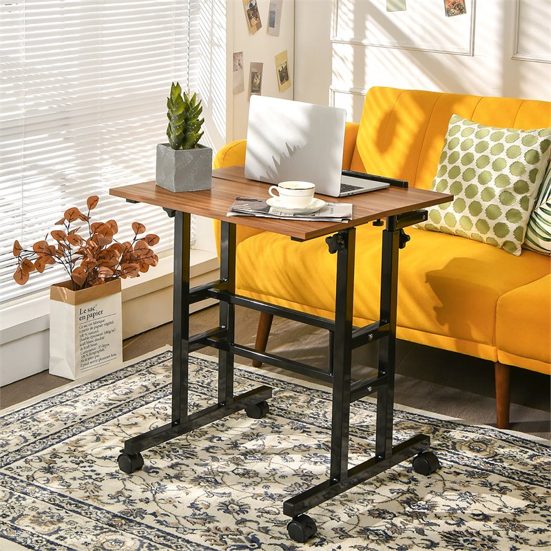 Costway MDF and Steel Adjustable Rolling Mobile Standing Desk in Walnut